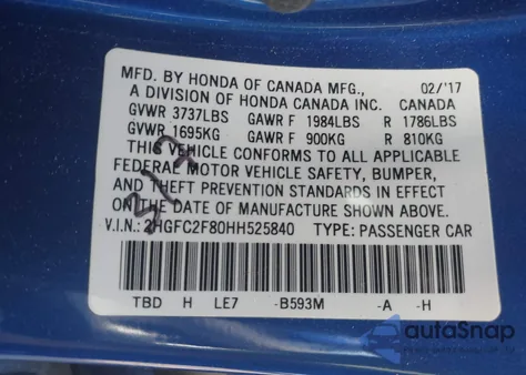 2017 Honda Civic Ex from USA, damaged, VIN 2HGFC2F80HH525840